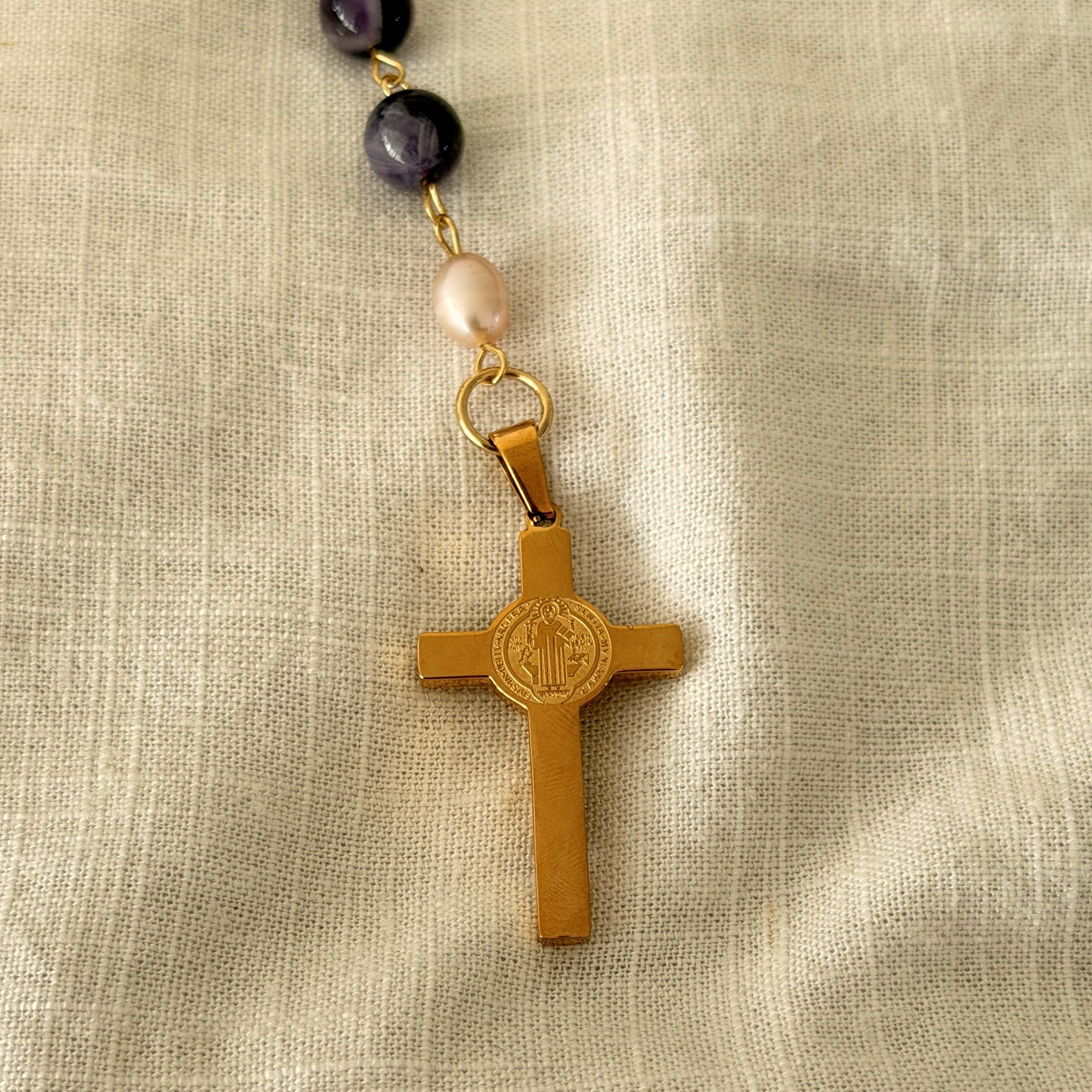 Gold PVD stainless steel crucifix on amethyst rosary
